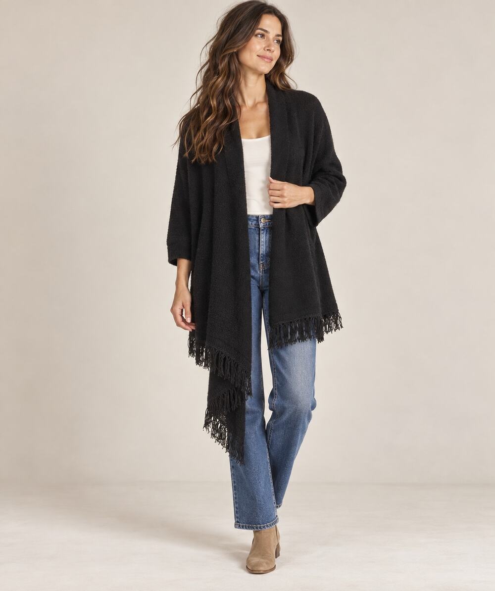 VTG Excel Black Oversized Chunky Cardigan M/L Shawl New Wool Sweater Friends